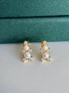 18k Solid Gold Natural Double Bread shaped Round Freshwater Pearl Earrings with Moissanite Stones