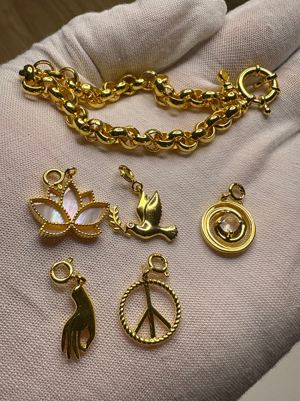 Handmade 18K Gold Plated (Vermeil) Rolo Chain Bracelet | Customizable Symbolic Charms | Lotus, Dove, Mudra, Spiral and Peace charms