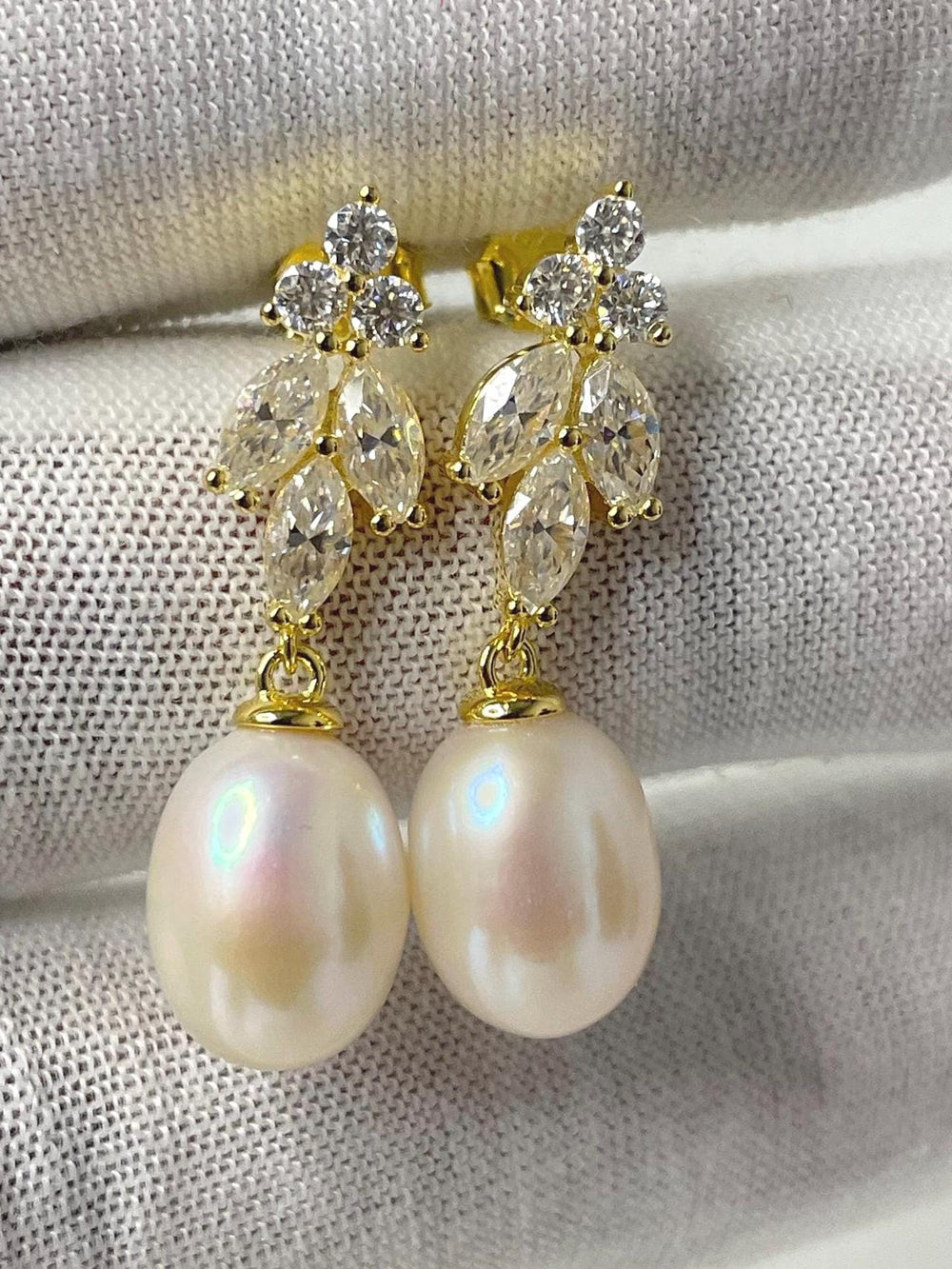 18k Gold Plated 925 Sterling Silver Freshwater Pearl Marquise Moissanite Drop Earrings