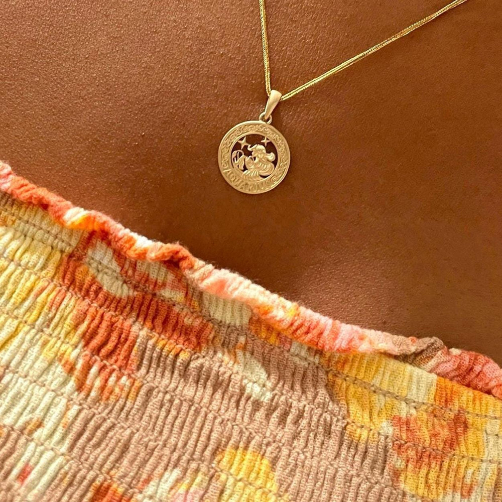 14k Solid Gold Aquarius Zodiac Pendant, Zodiac Pendant Charm