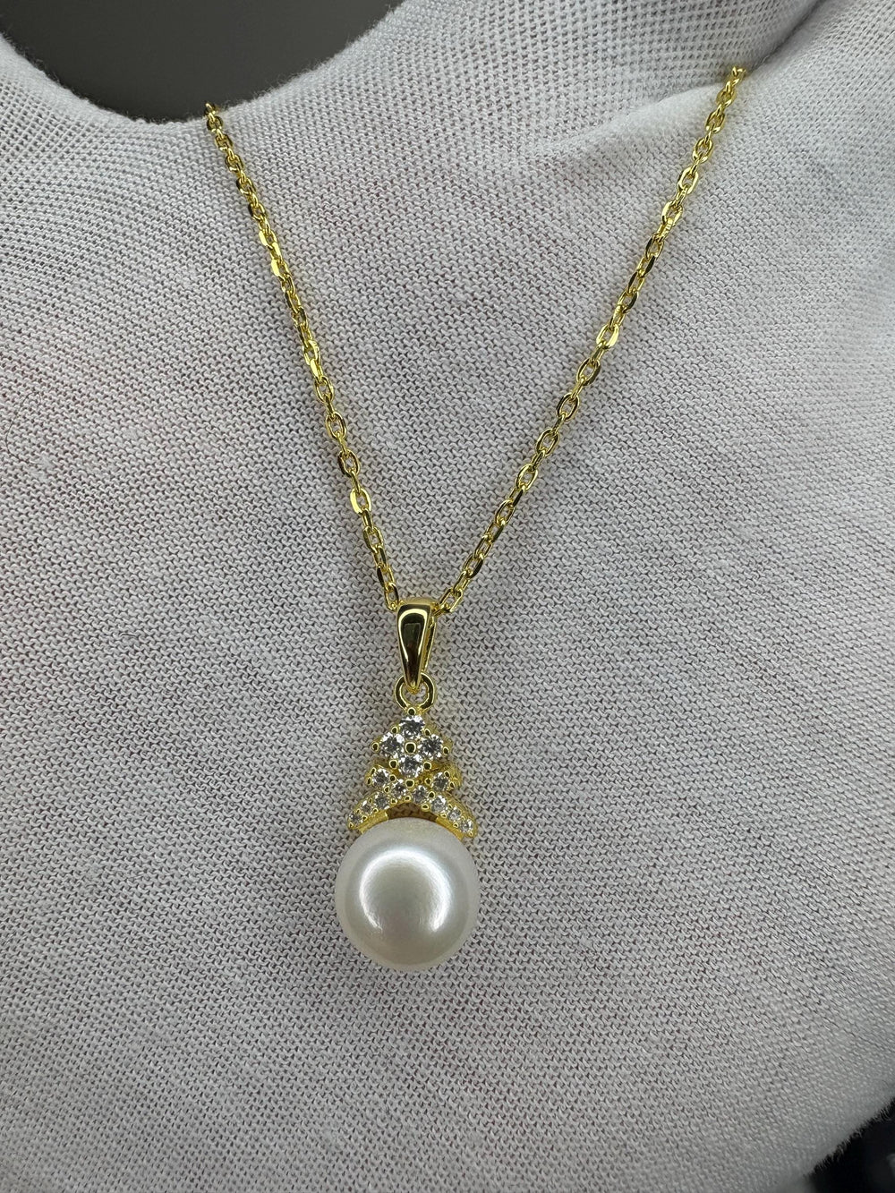 18k Gold Plated Sterling Silver Necklace with Bread Shaped Round Natural Freshwater Pearl Pendant with Criss Cross Moissanite Stones