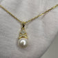 18k Gold Plated Sterling Silver Necklace with Bread Shaped Round Natural Freshwater Pearl Pendant with Criss Cross Moissanite Stones