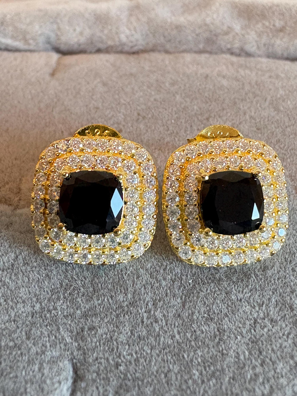 18k Solid Gold Natural Black Spinel and Moissanite Stud Earrings - 6mm Square Cut Spinel